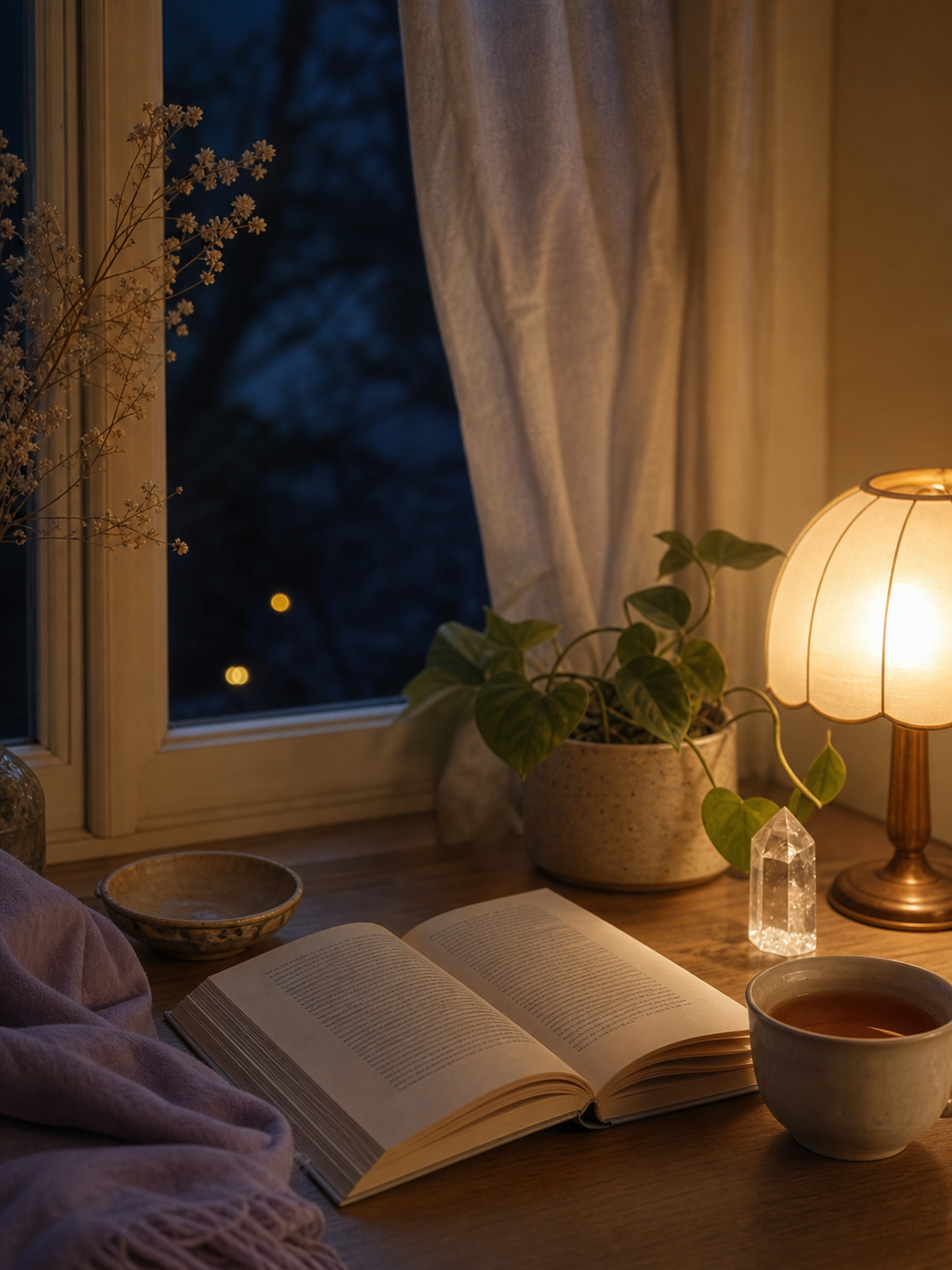 温かい灯りの夜のデスク、紅茶と本とクリスタルが並ぶ