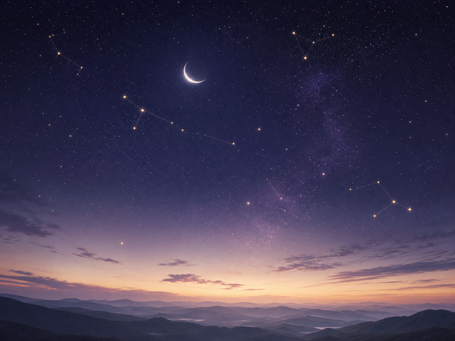 夜空の星座と三日月